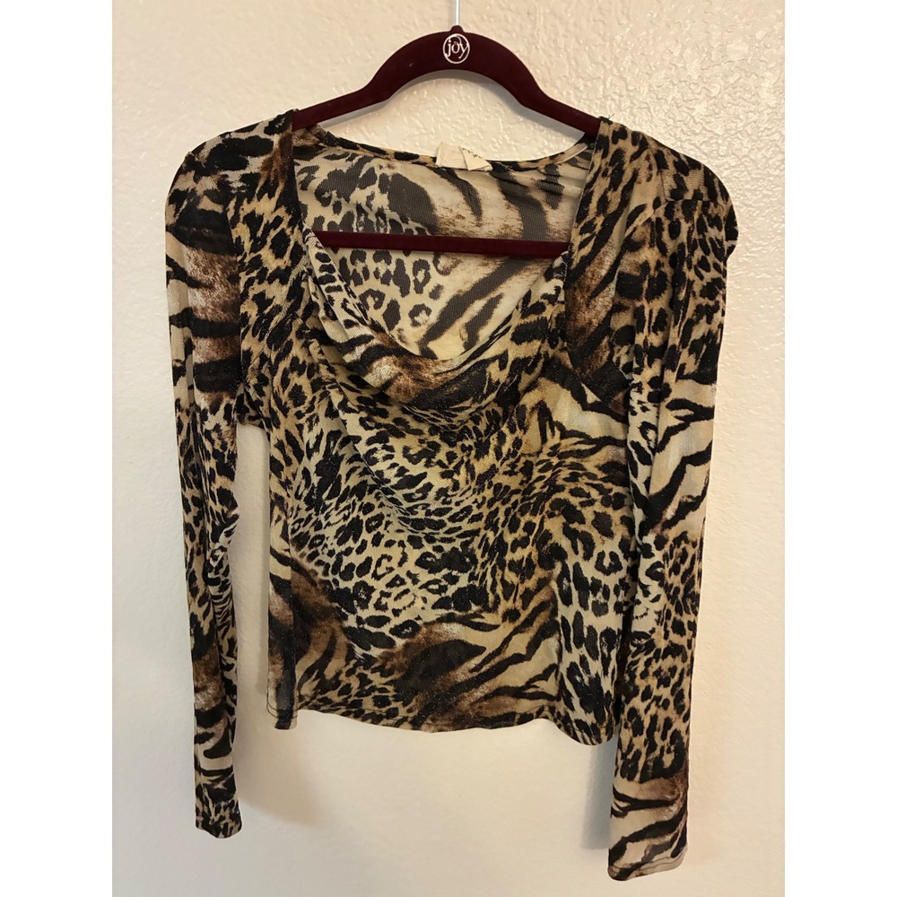 Ember Womens XL Sheer Mesh Mixed Animal Print Cowl Neck Long Sleeve Top Brown